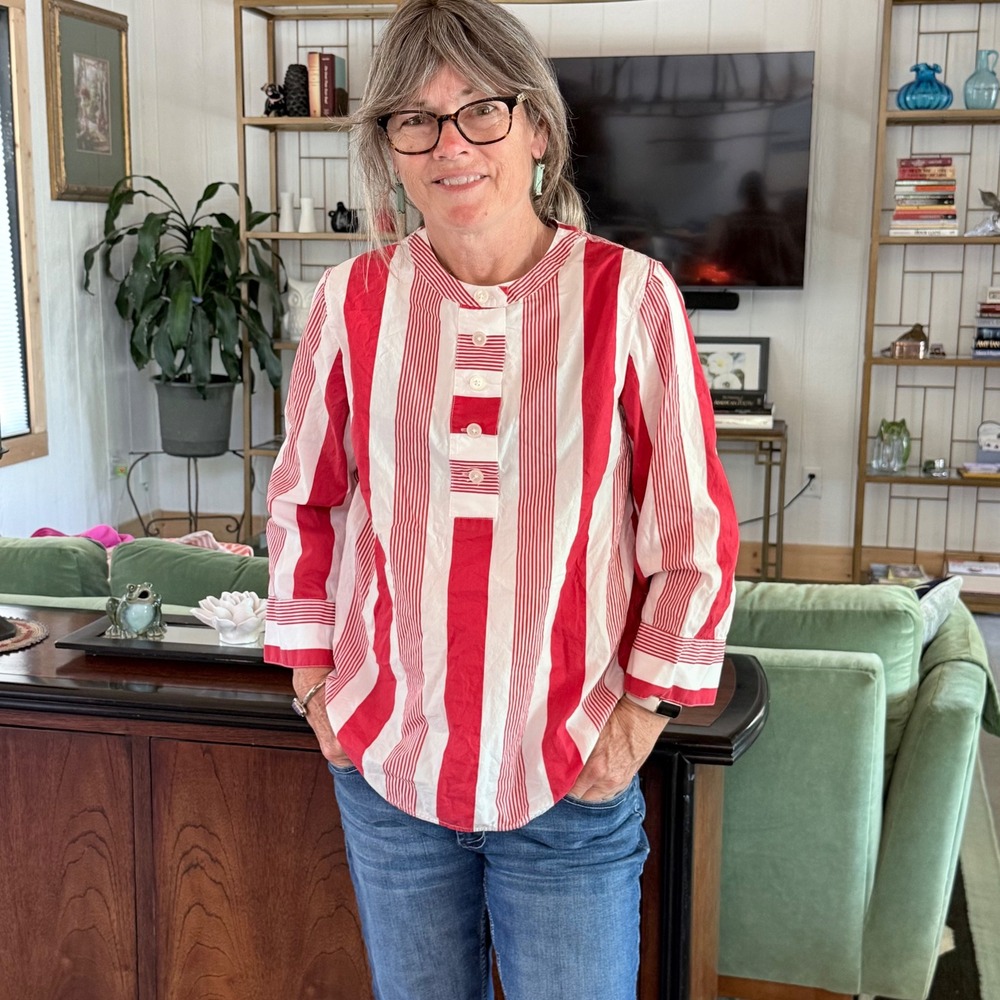 J.Crew Striped Popover Tunic Medium Red White Excellent‎ Cotton Band Collar